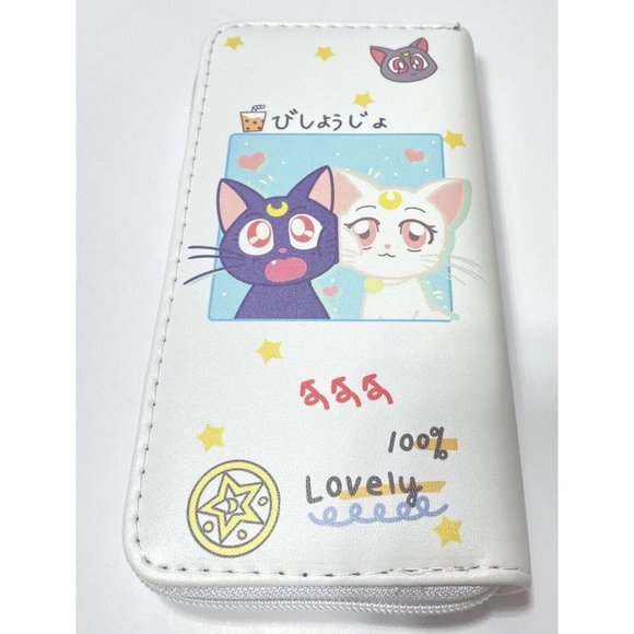 Sailor Moon Wallet Luna & Artemis Cat Cute Kawaii Money Zip Around Wallet, White - Picture 4 of 12